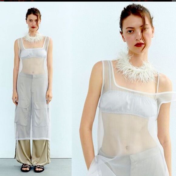 ZARA Blogger Favorite ORGANZA MIDI DRESS Sheer Boho Cover Up Shirt